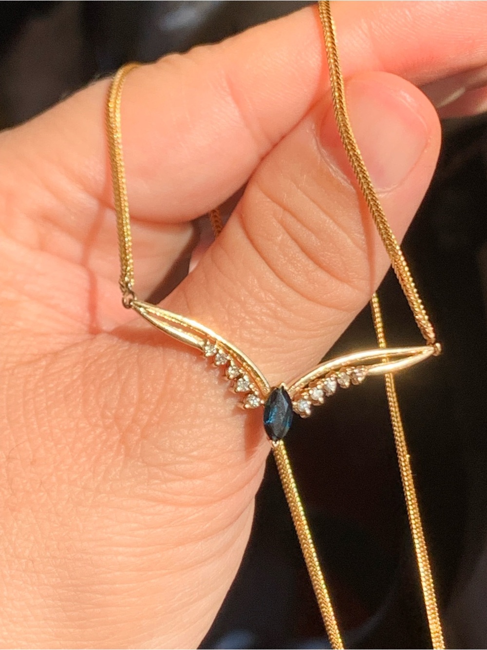 14k Gold Wing Necklace with Blue Sapphire Marquise Stone and Clear Diam Accents - Picture 10 of 11